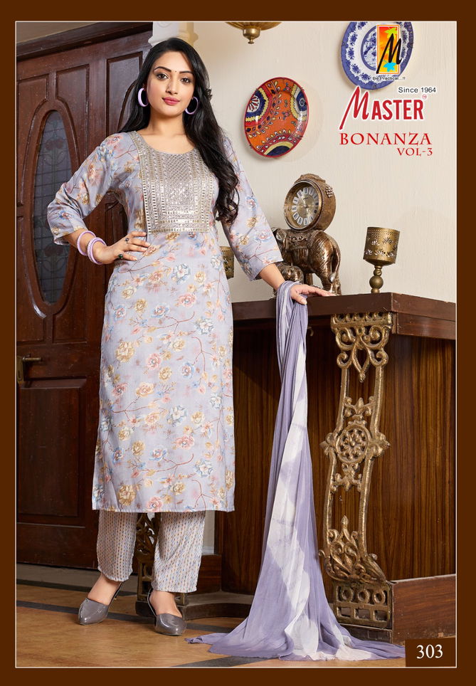 Bonaza Vol 3 By Master Straight Cut Printed Kurti With Bottom Dupatta Wholesale Online